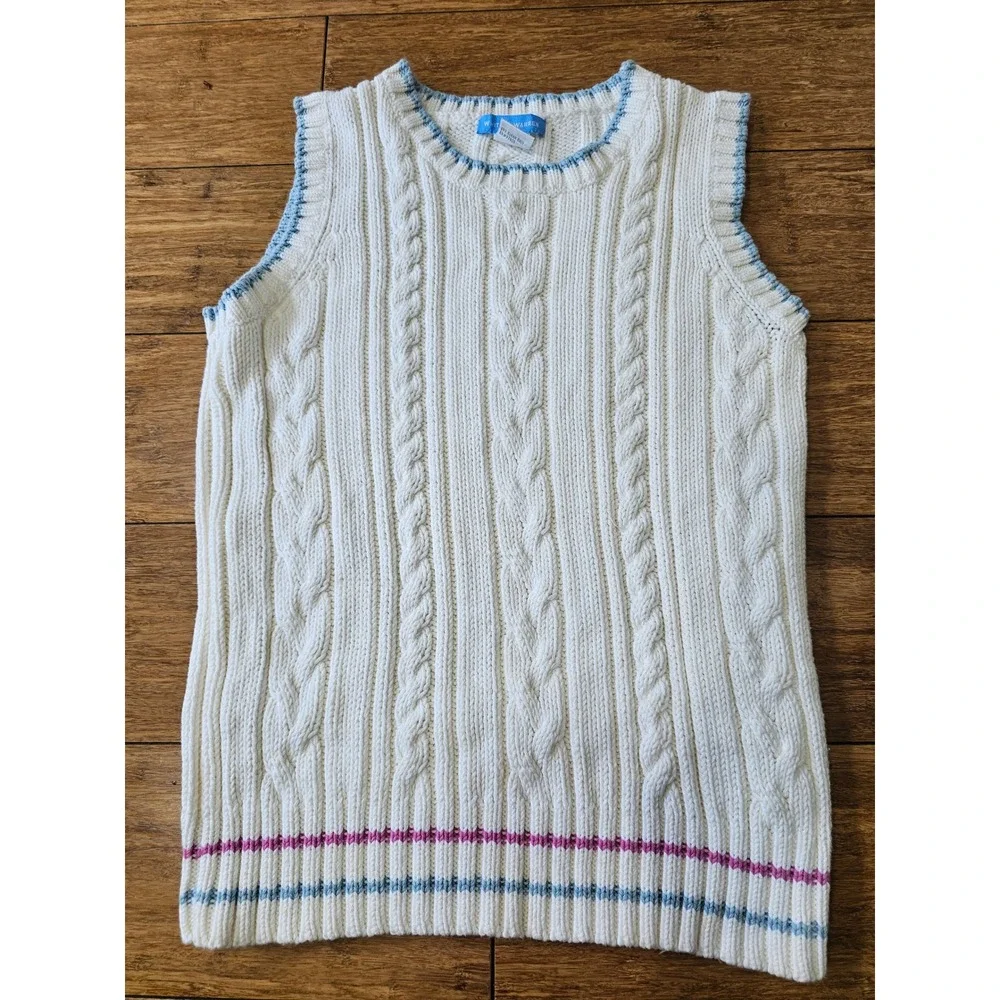 White + Warren‎ Cable Knit Sweater Vest Women S Cream Preppy Tennis Striped